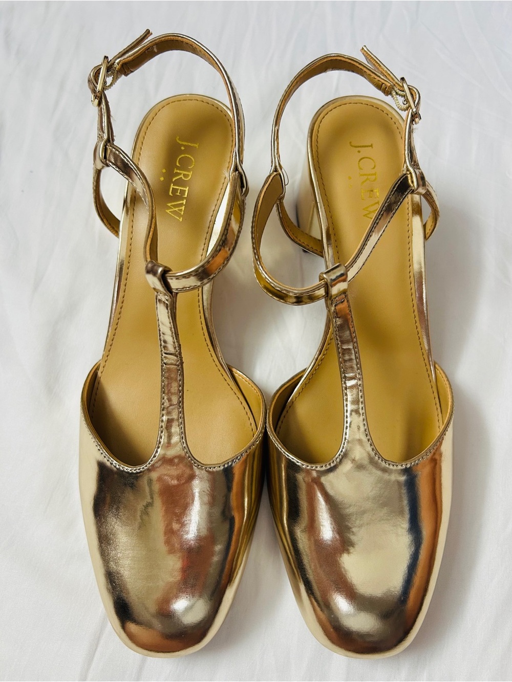 NWOT J. Crew Metallic Gold T-Strap Slingback Heels